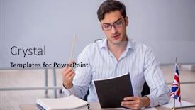  Presentation with english teacher - Slide deck having young-male-english-language-teacher background and a light blue colored foreground