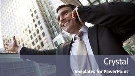  Presentation with rise - Audience pleasing presentation theme consisting of young male executive celebrating success on his cell phone in front of a high rise office block in a modern city backdrop and a gray colored foreground