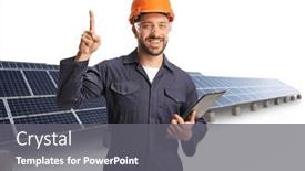  Presentation with solar - Presentation design consisting of young-male-factory-worker-standing background and a gray colored foreground