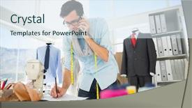  Presentation with designs - PPT theme enhanced with young male fashion designer working background and a sky blue colored foreground