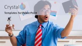  Presentation with financial - Presentation theme with young-male-financial-manager-working background and a sky blue colored foreground