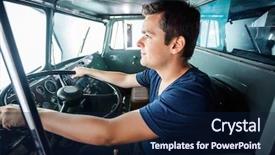  Presentation with fire station - PPT layouts having young male firefighter driving truck background and a navy blue colored foreground