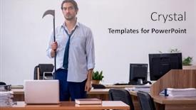  Presentation with employee - Slide deck with young-male-furious-employee-holding background and a light gray colored foreground