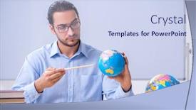  Presentation with geography - Colorful PPT layouts enhanced with young-male-geography-teacher backdrop and a sky blue colored foreground