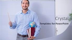  Presentation with geography - Slides having young-male-geography-teacher background and a light blue colored foreground