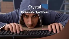  Presentation with hacker - PPT theme with young-male-hacker-sitting background and a ocean colored foreground