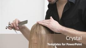  Presentation with haircut - Presentation theme featuring businessman complete a puzzle inserting background and a coral colored foreground