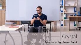  Presentation with classroom - Audience pleasing presentation design consisting of young-male-handicapped-student backdrop and a light gray colored foreground