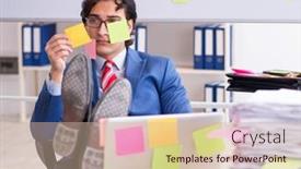  Presentation with employee - PPT theme featuring young-male-handsome-employee background and a soft green colored foreground