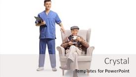  Presentation with elderly health - Audience pleasing PPT theme consisting of young-male-health-worker backdrop and a light gray colored foreground