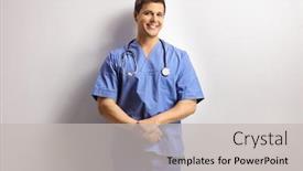  Presentation with healthcare dark blue ribbon - Theme having young-male-healthcare-worker background and a light gray colored foreground