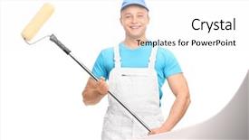  Presentation with paint roller - Beautiful presentation theme featuring young male house painter in a white overalls holding a paint roller and looking at the camera isolated on white background backdrop and a white colored foreground