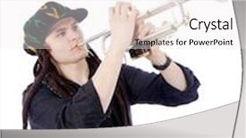  Presentation with trumpet - Audience pleasing theme consisting of young male is playing on trumpet on isolated white backdrop and a white colored foreground
