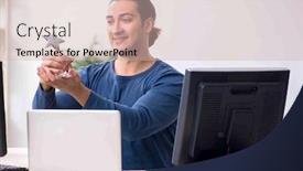  Presentation with working - Beautiful PPT theme featuring young-male-it-specialist-working backdrop and a soft green colored foreground