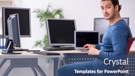  Presentation with working - Cool new theme with young-male-it-specialist-working backdrop and a ocean colored foreground