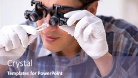  Presentation with workshop - Presentation design with pawnshop - young male jeweler at workshop background and a violet colored foreground