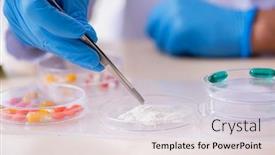  Presentation with drug synthesis - Beautiful theme featuring young-male-lab-assistant backdrop and a light gray colored foreground