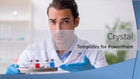  Presentation with drug synthesis - PPT layouts having young-male-lab-assistant background and a light gray colored foreground