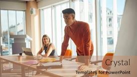  Presentation with atmosphere - Presentation design enhanced with young-male-lecturer-giving background and a coral colored foreground