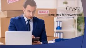  Presentation with logistics - PPT theme consisting of young-male-logistics-specialist-working background and a coral colored foreground