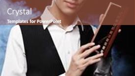  Presentation with artist - Slide set having young male make up artist holding shadow palette and brush background and a red colored foreground