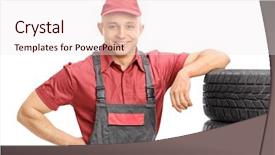  Presentation with tires - Colorful PPT layouts enhanced with young male mechanic leaning on a bunch of tires and posing isolated on white background backdrop and a sky blue colored foreground