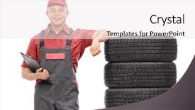  Presentation with tires - Theme having young male mechanic in a gray jumpsuit leaning on a stack of tires and holding a clipboard isolated on white background background and a white colored foreground