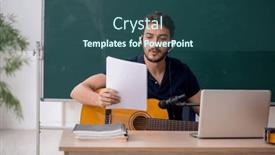  Presentation with music - Presentation theme enhanced with young-male-music-teacher-sitting background and a ocean colored foreground