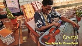  Presentation with musical instrument - PPT theme with young-male-musician-in-casualwear background and a tawny brown colored foreground