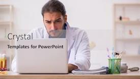  Presentation with telemedicine - PPT theme enhanced with young-male-odontologist-in-telemedicine background and a light gray colored foreground