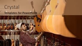  Presentation with musical instrument - Presentation design featuring young-male-owner-of-musical background and a coral colored foreground