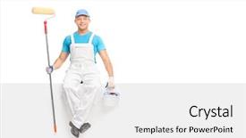 Presentation with paint bucket - Slide set enhanced with young male painter sitting background and a white colored foreground