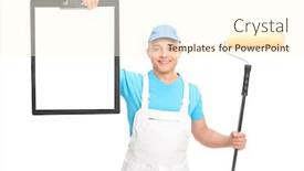  Presentation with paint roller - Cool new theme with young male painter in a white uniform holding a paint roller and showing a clipboard with a blank paper on it isolated on white background backdrop and a cream colored foreground