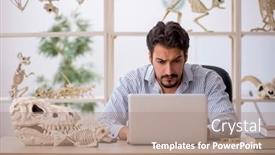  Presentation with lab animals - Slide set consisting of young-male-paleontologist-examining-ancient background and a  colored foreground