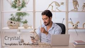  Presentation with lab animals - Theme with young-male-paleontologist-examining-ancient background and a coral colored foreground