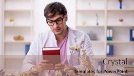  Presentation with lab animals - PPT theme featuring young-male-paleontologist-examining-ancient background and a coral colored foreground