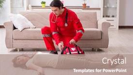  Presentation with paramedic - Slide deck having young male paramedic visiting young woman background and a coral colored foreground