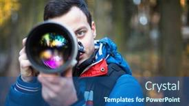  Presentation with lens - Slide deck with young male photographer taking photos with his huge new shiny fast prime professional telephoto lens background and a ocean colored foreground