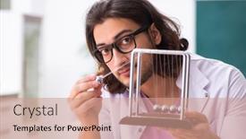  Presentation with classroom - Audience pleasing presentation design consisting of young-male-physicist backdrop and a coral colored foreground