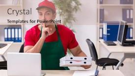  Presentation with industrial espionage - Slide set featuring young-male-pizza-courier background and a coral colored foreground