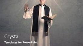  Presentation with glowing cross - Beautiful PPT theme featuring young male priest in black and white giving his blessing in front of grey wall with glowing cross concept backdrop and a gray colored foreground