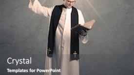  Presentation with glowing cross - Presentation theme featuring young male priest in black and white giving his blessing in front of grey wall with glowing cross concept background and a dark gray colored foreground