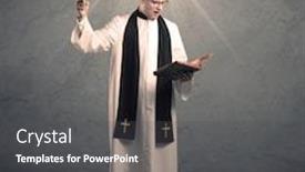  Presentation with black cross - Amazing slides having young male priest in black and white giving his blessing in front of grey wall with glowing cross concept backdrop and a dark gray colored foreground