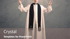  Presentation with glowing cross - Presentation theme consisting of young male priest in black and white giving his blessing in front of grey wall with glowing cross concept background and a gray colored foreground