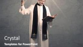  Presentation with glowing cross - Beautiful theme featuring young male priest in black and white giving his blessing in front of grey wall with glowing cross concept backdrop and a dark gray colored foreground