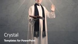  Presentation with grey black white - PPT theme with young male priest in black and white giving his blessing in front of grey wall with glowing cross concept background and a dark gray colored foreground