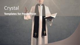  Presentation with black cross - Slides enhanced with young male priest in black and white giving his blessing in front of grey wall with glowing cross concept background and a gray colored foreground