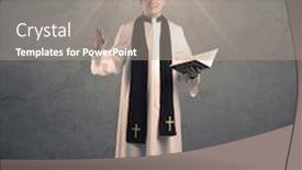  Presentation with grey black white - Theme with young male priest in black and white giving his blessing in front of grey wall with glowing cross concept background and a gray colored foreground