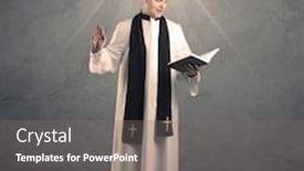  Presentation with grey black white - Audience pleasing slide set consisting of young male priest in black and white giving his blessing in front of grey wall with glowing cross concept backdrop and a gray colored foreground