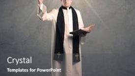  Presentation with glowing cross - PPT theme consisting of young male priest in black and white giving his blessing in front of grey wall with glowing cross concept background and a dark gray colored foreground